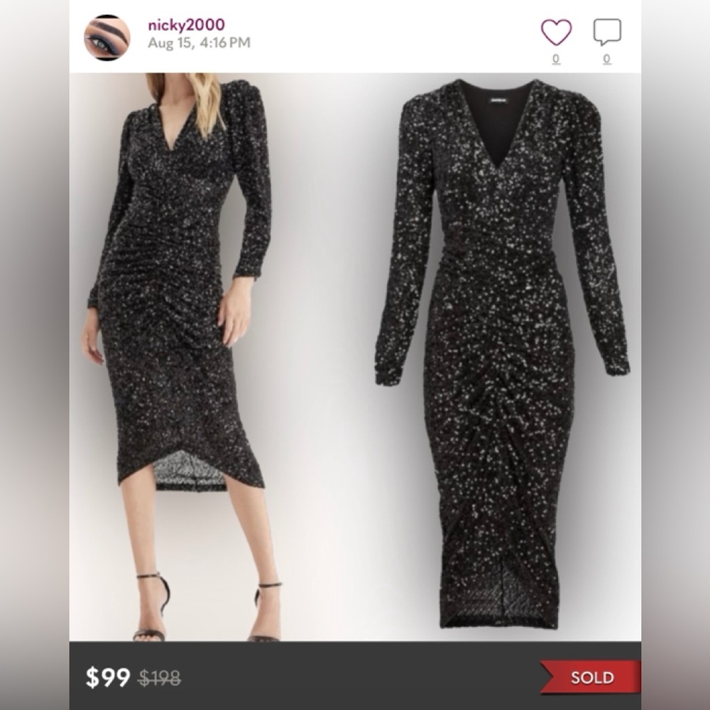 NWT Express Sequin V-Neck Puff Shoulder Ruched Midi Sheath Dress S ((FINAL PRICE